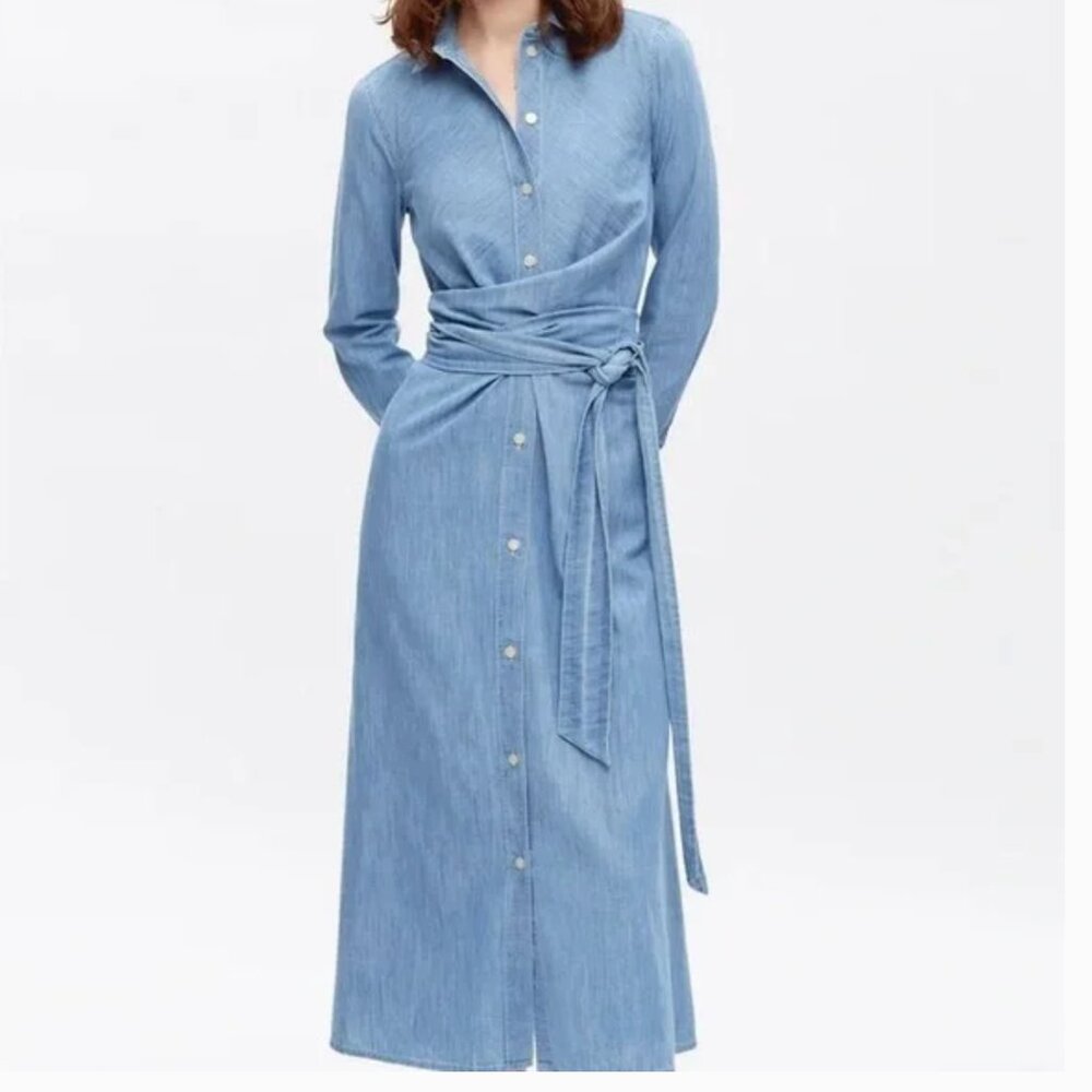 KOTN Blue Button-Up Dress with Tie Waist 100% Cotton